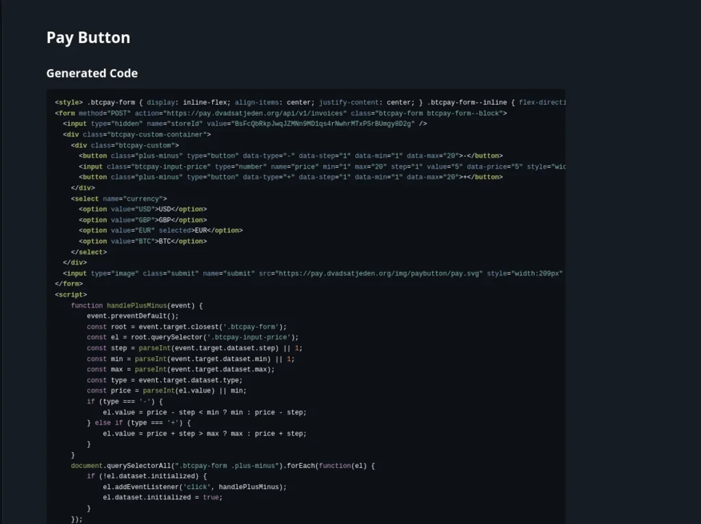 Vygenrovaný kód pre BTCPay Button