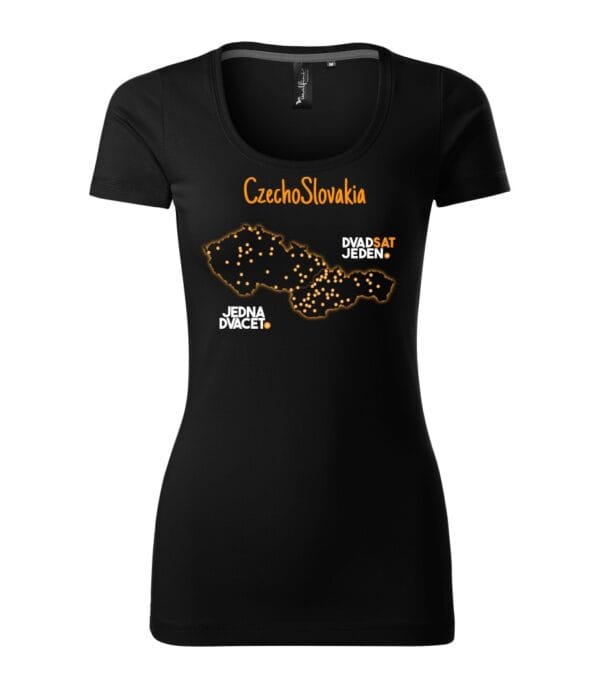Czechoslovakia06 Čierne priliehavé tričko s obrysom mapy Československa a nápismi "CzechoSlovakia", "DVA SAT JEDEN" a "JEDNA DVACET".