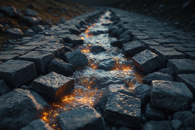 Dláždená cesta s plytkým potokom v strede, pozdĺž vody svietia malé oranžové svetlá.