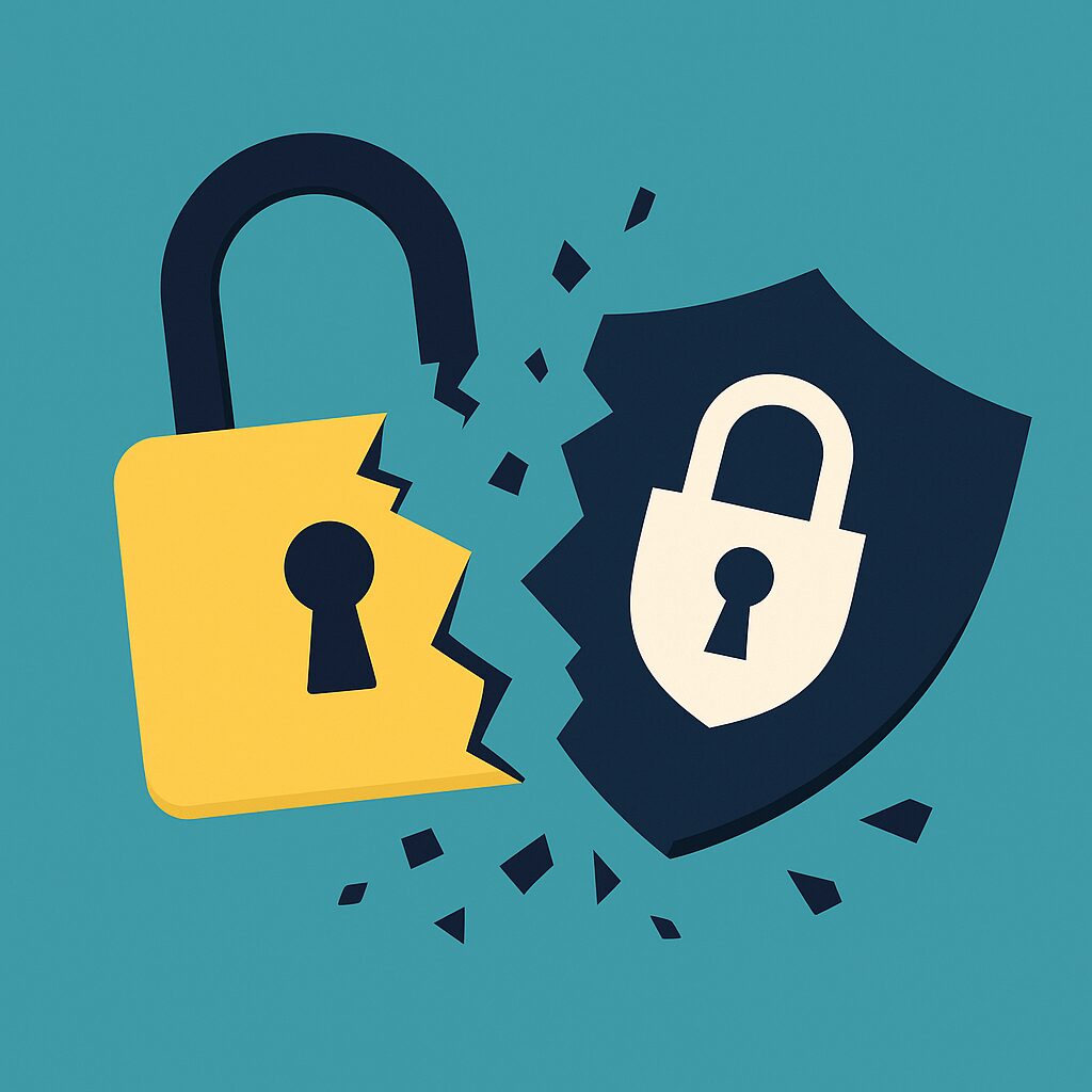 Ilustrácia zlomeného žltého visiaceho zámku a prasknutého tmavomodrého štítu s bielym symbolom zámku, naznačujúca narušenie bezpečnosti.